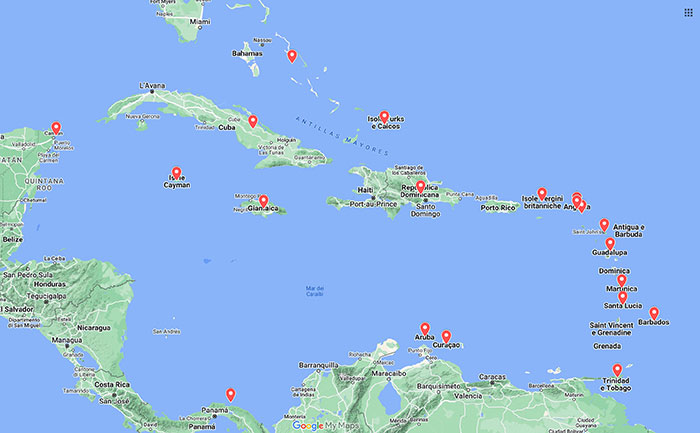 mappa dei Caraibi con le 20 isole migliori da visitare